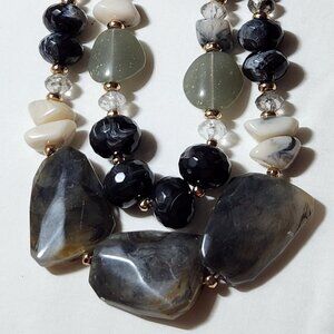 Stone necklace dual black ecru gray moss green gold tone costume NIP